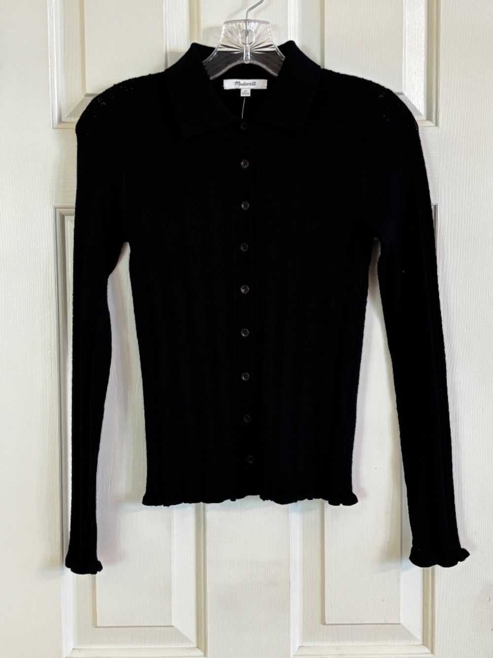 Madewll Ruffle Trim Pointelle Cardigan in Black Size XS NWT